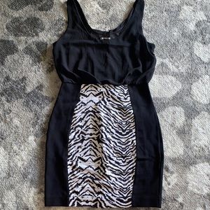 Express Black and white bandage dress with sheer overlay
